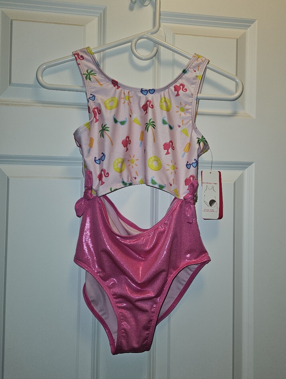 Barbie Pink Tropical Print Girls' One Piece Swimsuit. NWT. Size 10/12